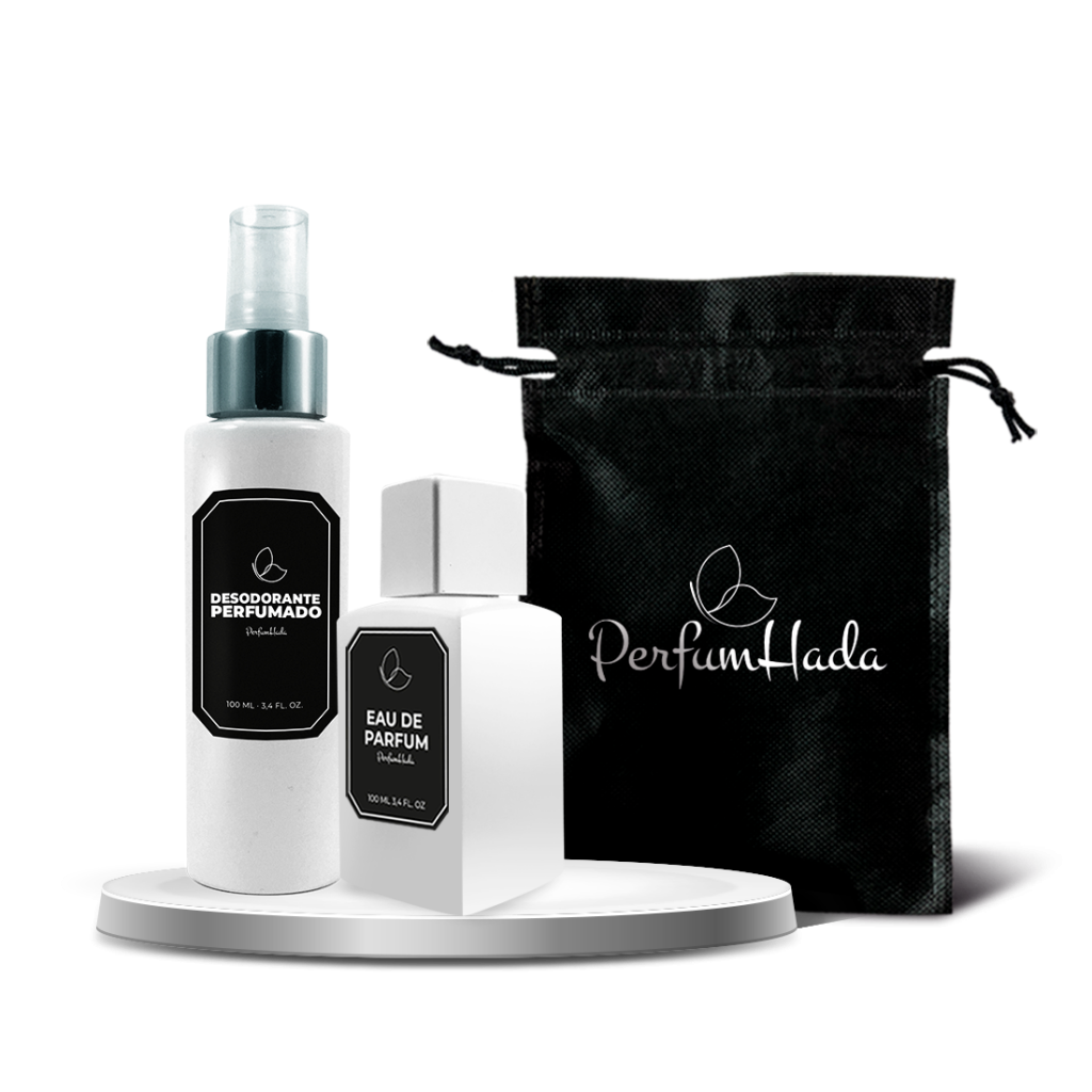 Imagen de presentación de la mejor selección de perfumes nicho junto a un desodorante perfumado en una base circular de color blanco con una bolsa de tela al fondo